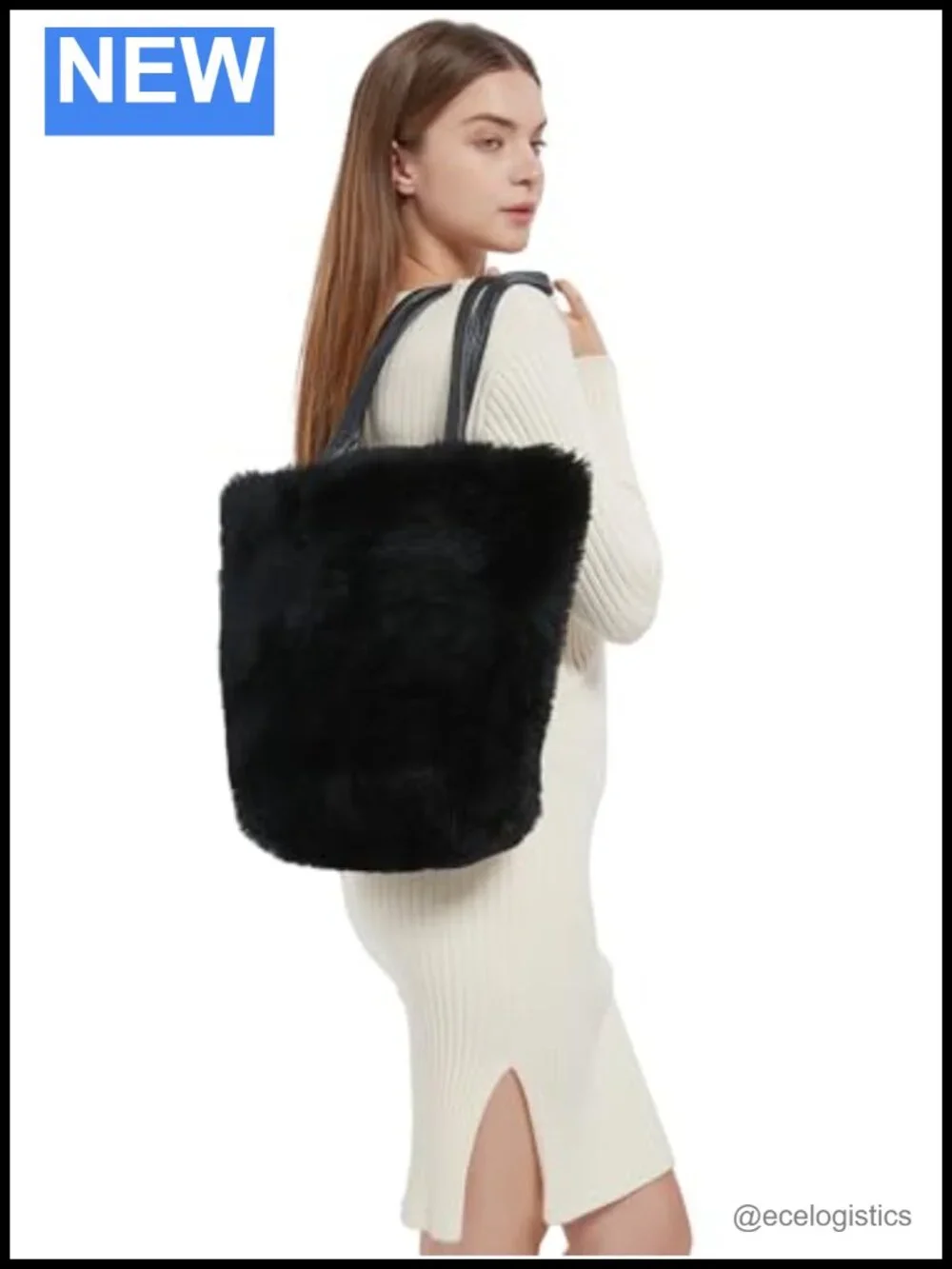 Lamb Shearling Tote Bag with Calfskin Leather Shoulder Straps, Fur Purse